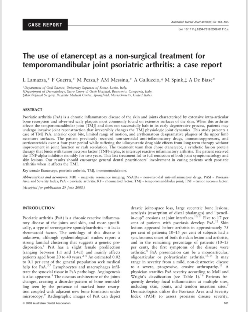 The use of etanercept as a non-surgical treatment for temporomandibular joint psoriatric arthritis: a case report